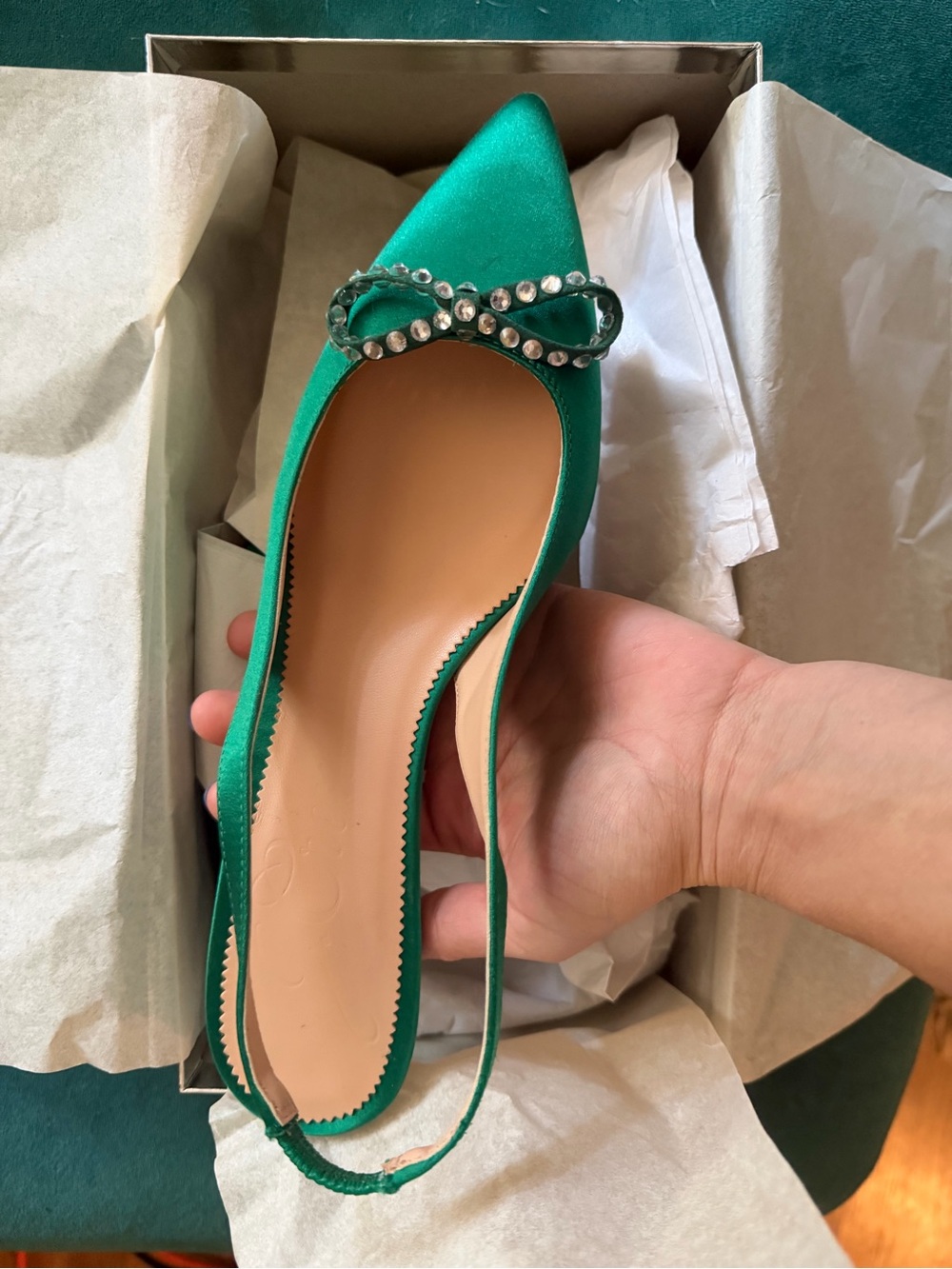 J. Crew Emerald Green Satin Pointed Slingback with Rhinestone Bow